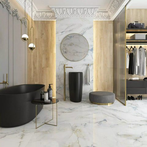 Mare Blue Marble Effect Large Polished Porcelain Floor Tile 120cm x 120cm