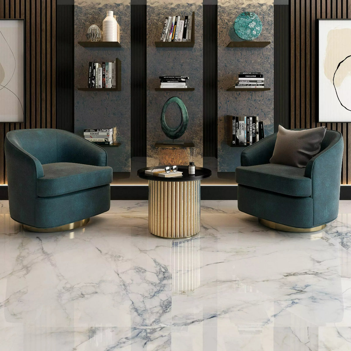 Mare Blue Marble Effect Large Polished Porcelain Floor Tile 120cm x 120cm